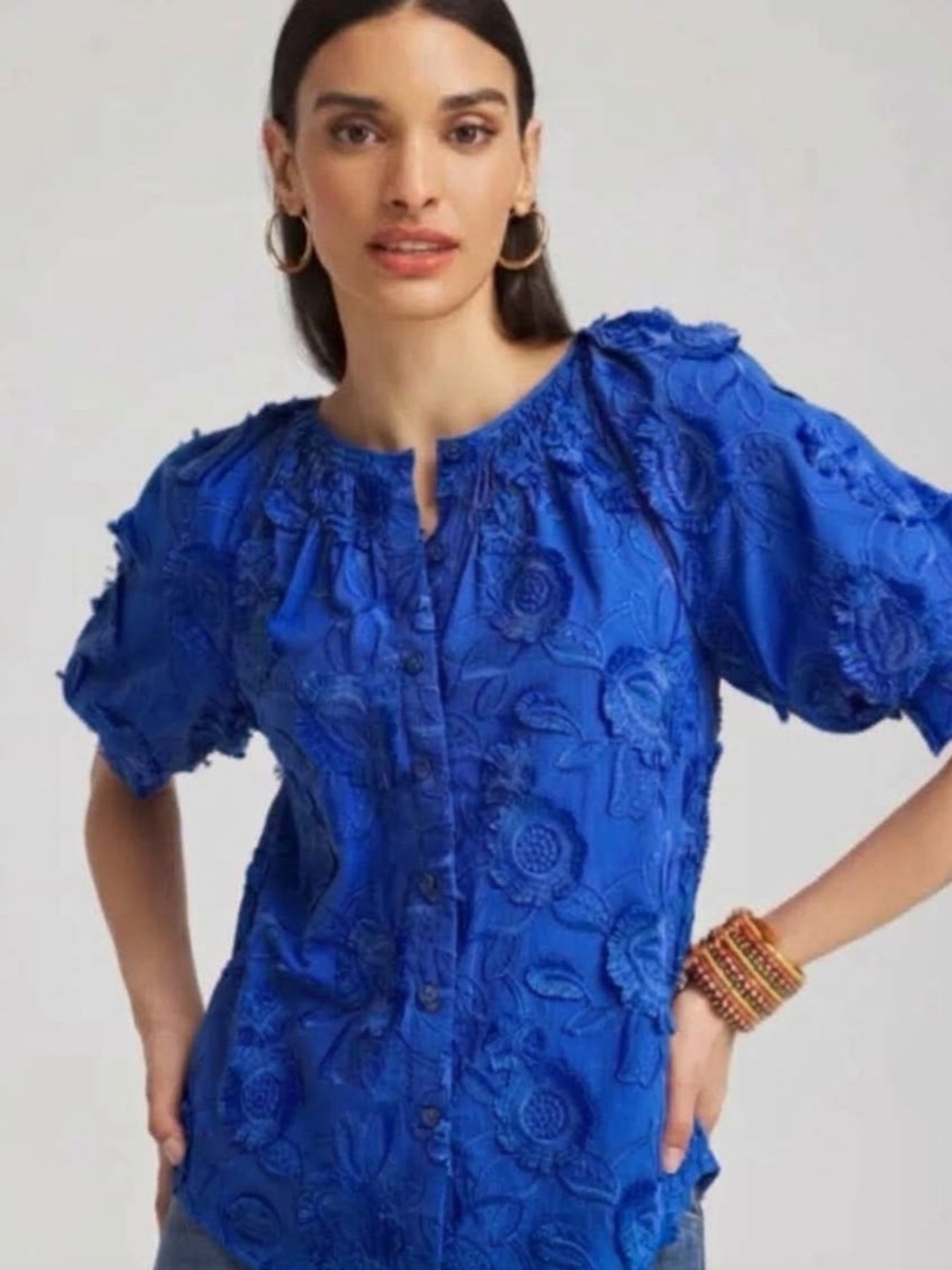 Chico’s XL 16 Embroidered Short puff Sleeve Blouse Royal Blue